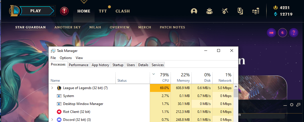 A player just opened the Star Guardian event in the game interface and has already consumed nearly 70% of CPU resources