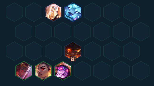 Rell should be placed in the backline to boost Aphelios's attack speed via Zeke's Herald