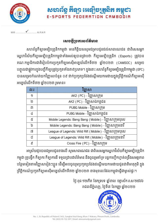 List of 9 Esports disciplines competing at SEA Games 32 announced by host Cambodia