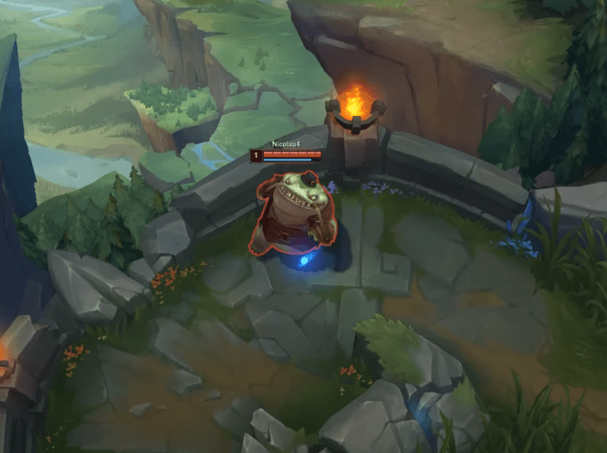 Tahm Kench at level 1 can use his W - Abyssal Dive to teleport to the small path using the 'teleportation gate'