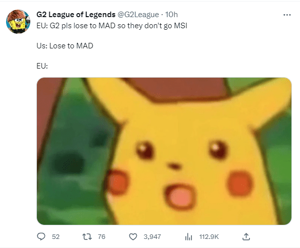 G2 is not hesitant to 'self-deprecate' after losses - source: Twitter G2