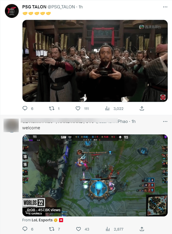International fans recall GAM's victory over TES while PSG Talon sends congratulations - source: Twitter