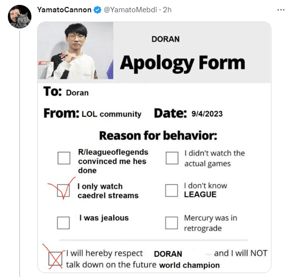 YamatoCannon even made a public apology to Doran - source: Twitter
