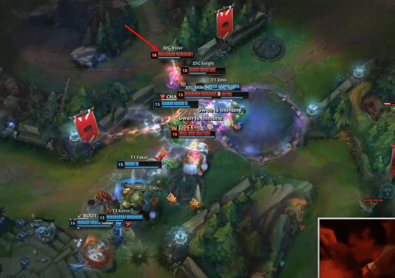 Ruler's positioning in team fights is exceptional, preventing T1 from taking down JDG's key player