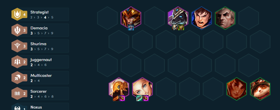 The complete composition at the end game with Azir and Lux as core champions