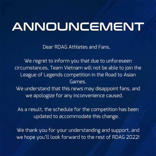 Vietnam League of Legends team forfeited due to inability to attend the Road to ASIAN Games 2022
