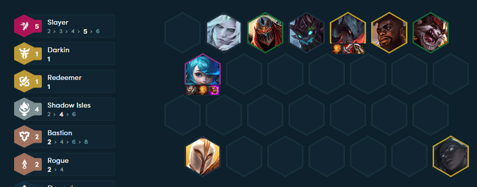 The completed composition at level 9 with the addition of Aatrox, Senna