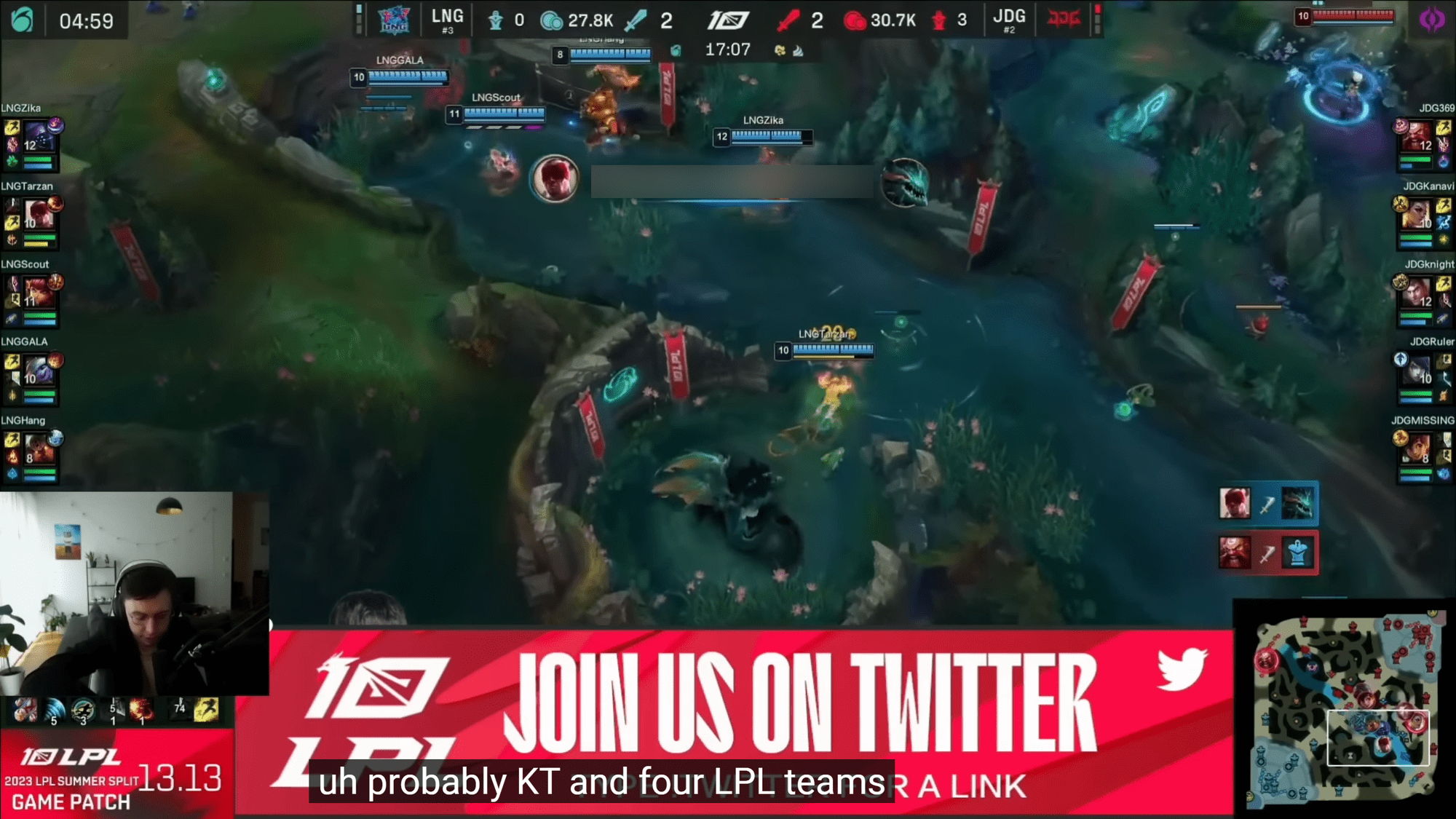 The caster believes LPL is significantly stronger than LCK and only KT can match them