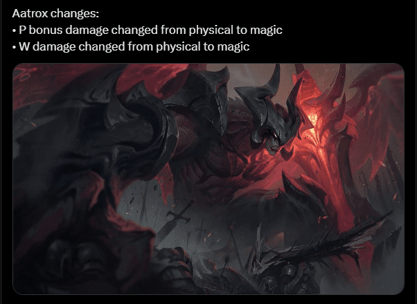 In the upcoming patch 13.17, Aatrox's passive and W will deal magic damage
