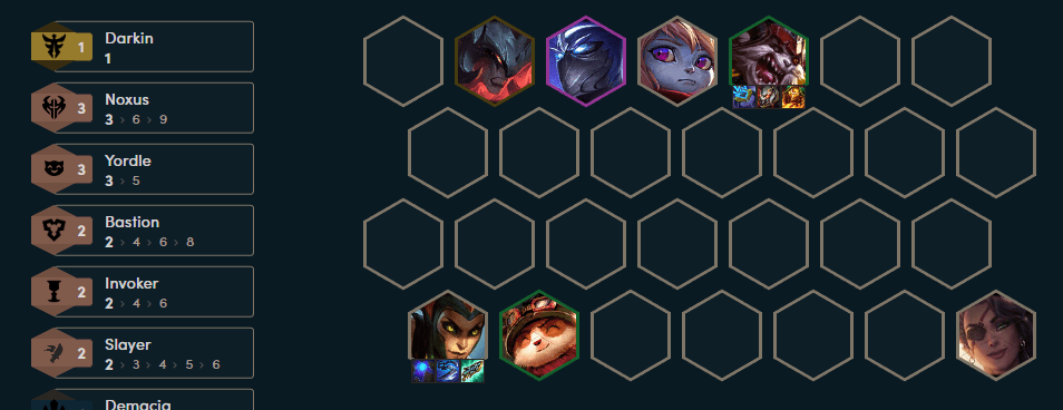Complete team comp at the end game with Cassiopeia, Kled, and 3-star Poppy