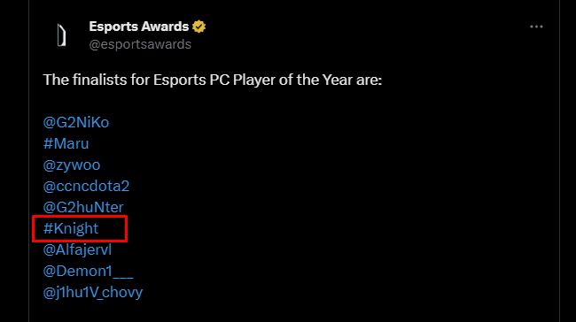 Knight has recently been nominated for the title of 'PC Esports Player of the Year' at the Esports Awards 2023