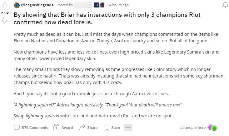 An analysis indicates that Riot is neglecting League of Legends by not fully investing in Briar's storyline