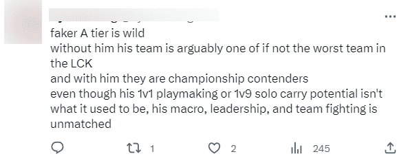 'Ranking Faker in tier A is truly a mistake. Without him, T1 would be the worst team in the LCK. With Faker, T1 becomes a championship contender. Even if his playmaking or 'carrying' abilities are not what they used to be, his macro, leadership, and team fighting skills are still top-notch'