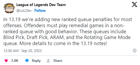 Riot announces a new punishment mechanism forcing players with game-ruining and 'toxic' behavior to play 5 matches in modes like ARAM and Blind Pick to return to solo queue