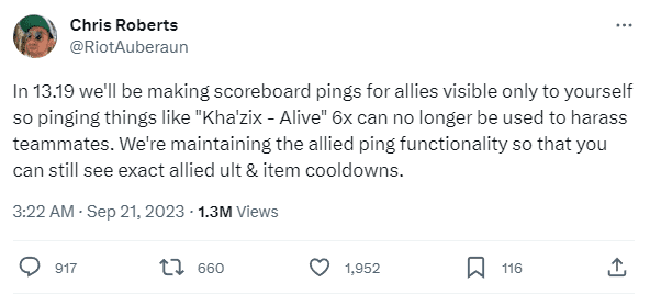 Riot representative shares about the adjustment where 'ping alive' will only show to the person pinging