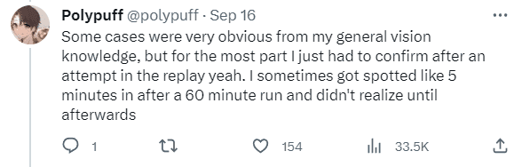 Polypuff admitted he utilized knowledge but still had to review replays frequently, with one instance where he realized he had revealed vision just 5 minutes into a 60-minute challenge