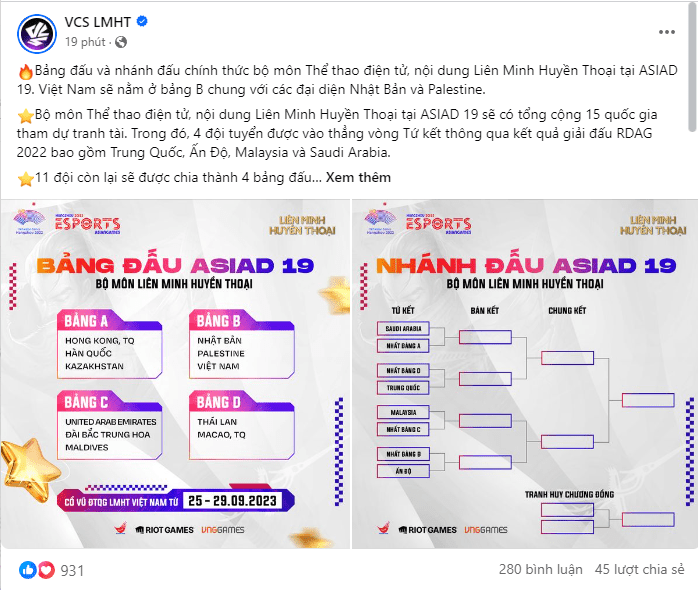 The draw results for the League of Legends group stage at ASIAD have been announced