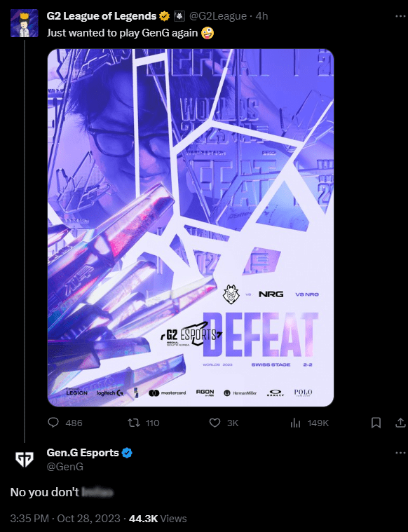 Gen.G harshly replied to G2 that there will be no rematch between them
