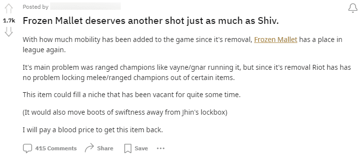 According to gamers, Frozen Mallet is a logical item to counter the mobility of many current champions in League of Legends