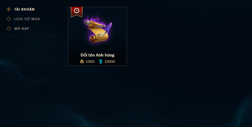 Name change card in League of Legends is currently sold for 1300 RP or 13900 blue essence