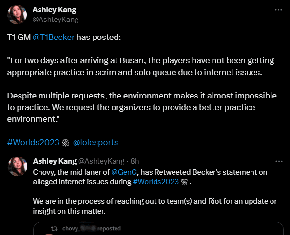 T1's manager revealed that they have been unable to practice for the past two days due to network issues, Chovy also agrees with this