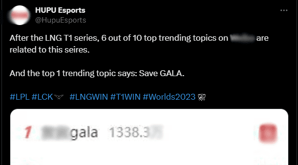The most trending topic in the LPL region after LNG's loss was 'Rescue GALA' with over 13 million comments