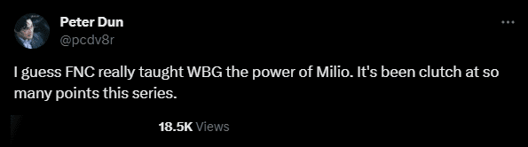 Coach Peter Dun discovered that the LPL representatives learned the Milio pick from Fnatic