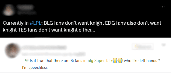 The community points out: 'Fans of BLG, EDG, or TES do not want Knight.' Even BLG fans straightforwardly say: 'Who would like Knight? I'm speechless.'