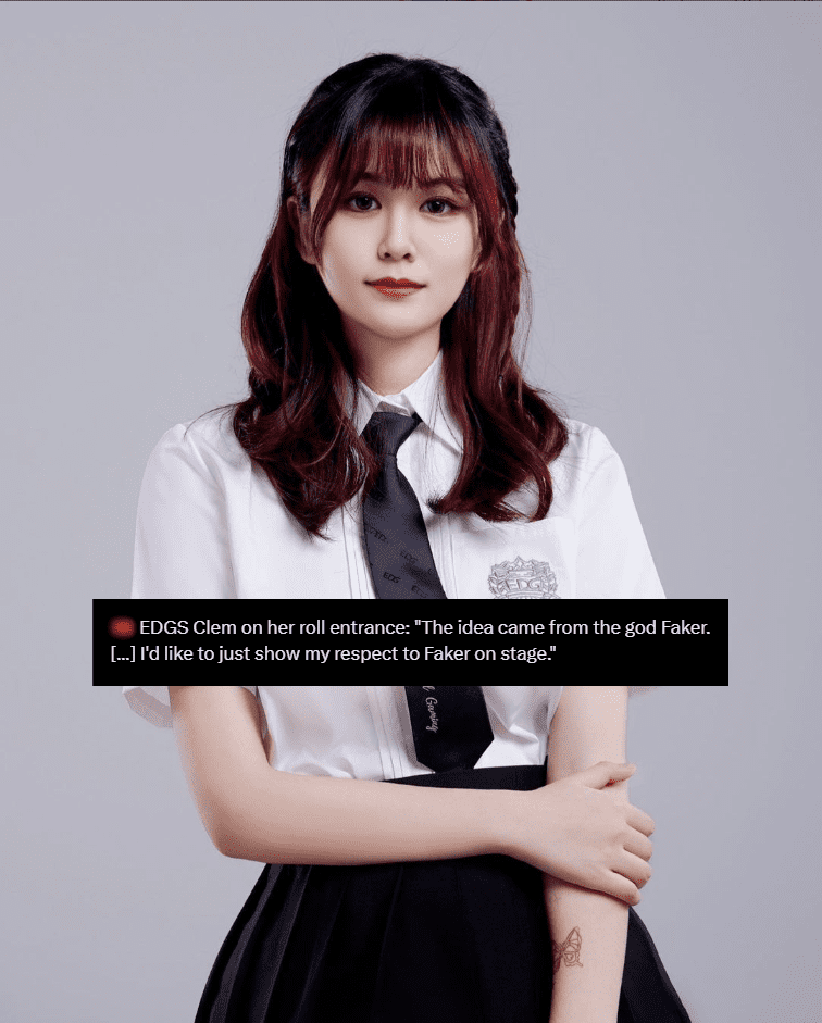 EDG's female player Clem shared: 'The idea of diving when entering the stage comes from Faker. I really want to show my respect to him'