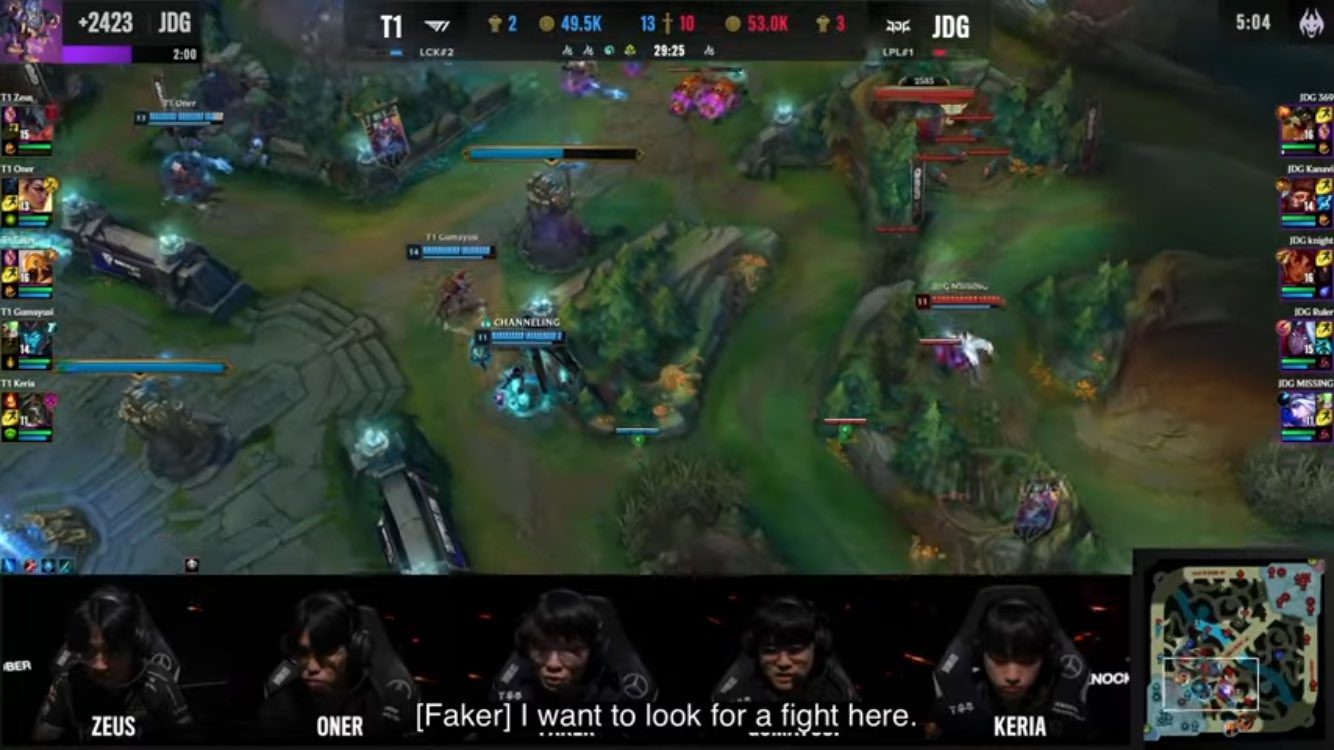 Faker calls for a team fight while still in the Bottom Lane preparing to move up