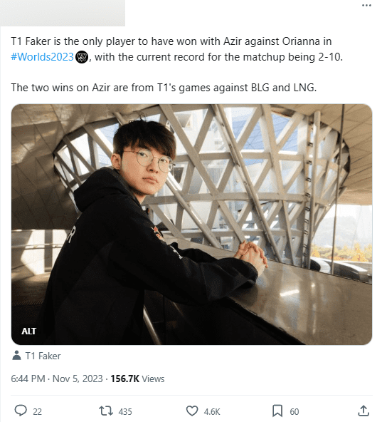 Faker is the only player to use Azir to win against Orianna at Worlds 2023
