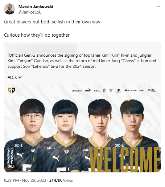 Jankos also questioned the success potential of the new Gen.G roster