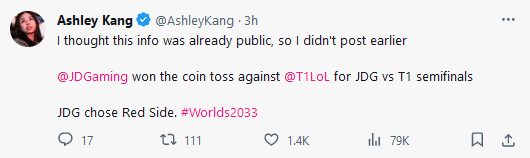 Journalist Ashley Kang announces JDG's choice of Red side in the match against T1