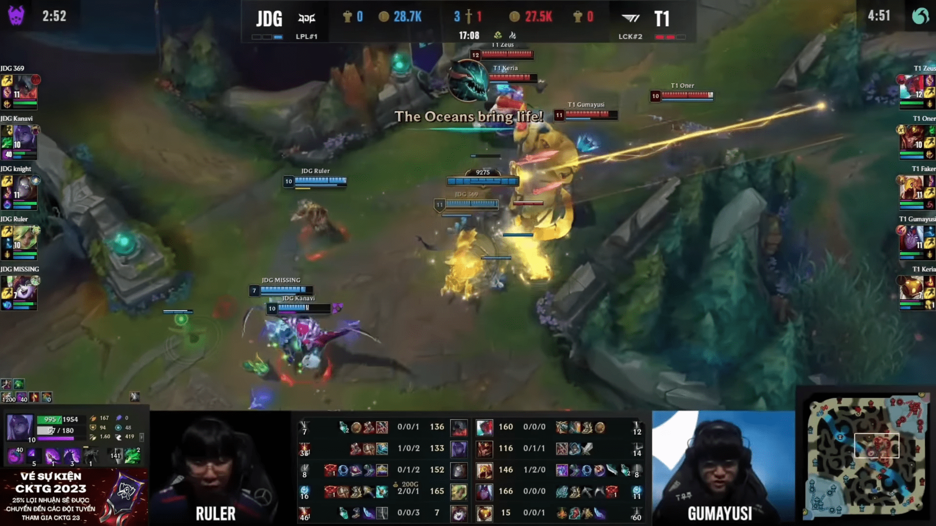 Keria used Cosmic Binding on the turret to help T1 maintain control of the Mid Lane and set up a winning team fight afterwards
