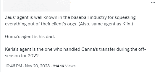 There are reports that Keria's representative is also Canna's representative
