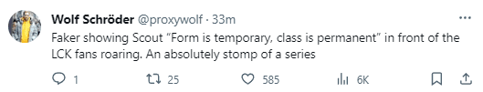 Commentator Wolf stated Faker showed Scout 'what temporary form and eternal class' is