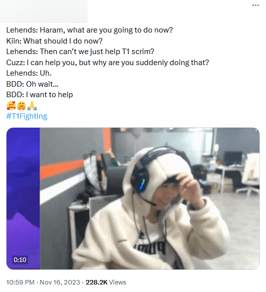 Dialogue between KT players discussing scrimming with T1