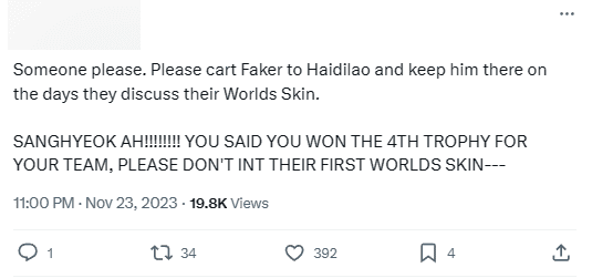 Fans request to 'take Faker out for hot pot so he can't participate in the skin discussion'