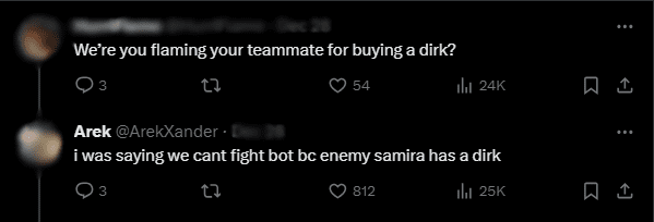 ArekXander stated: 'I was just telling my teammates not to engage because Samira has Serrated Dirk'