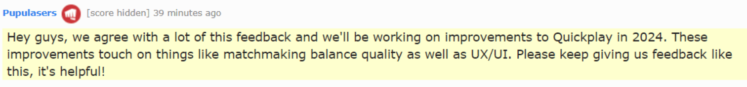 Riot Pupulaser shared: 'We will upgrade the interface and balance the matchmaking system in the Fast Queue mode in the near future'