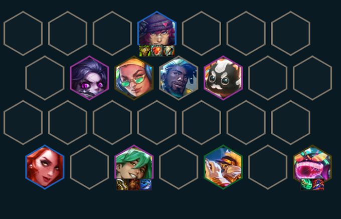 The completed composition at the end of the game with the addition of Illaoi and Ziggs