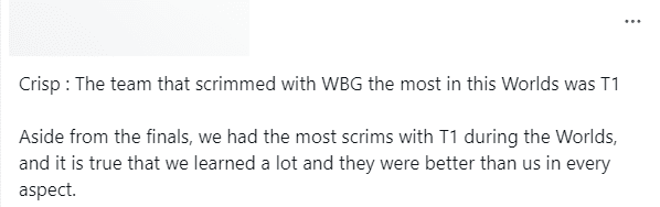 Crisp once shared 'the team we scrimmed the most with WBG is T1' and learned a lot from T1 through those matches