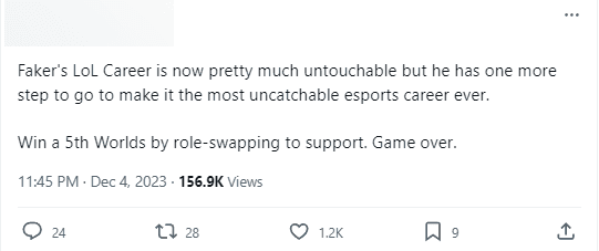 A fan suggested Faker to 'switch to Support and win the 5th Worlds title'