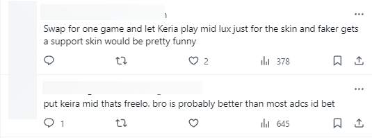 There are suggestions for Faker to switch lanes with Keria