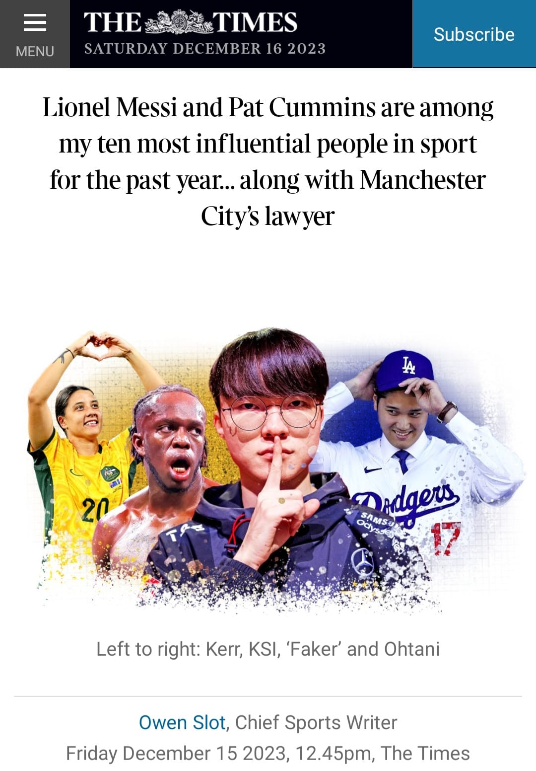 The Times ranked Faker among the Top 10 most powerful figures in sports for 2023