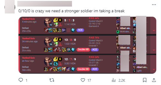 The male player complains about his losing streak
