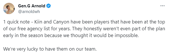 Gen.G's COO once stated that Kiin and Canyon have been top targets for Gen.G for many years and the team once thought they would not be able to recruit this duo