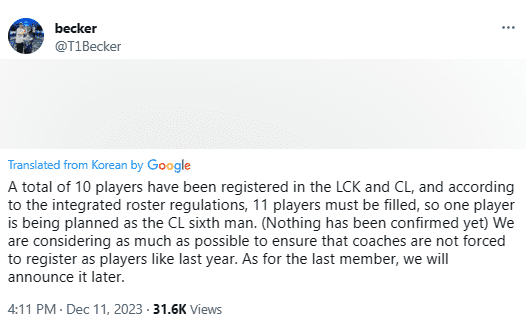 GM Becker posted an insinuating status about T1's roster in case players have to be promoted from the Academy or Challengers team, making fans 'half-believe half-doubt' about Rekkles