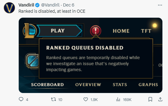 Vandiril: 'Rank mode was locked immediately, at least on the OCE server'