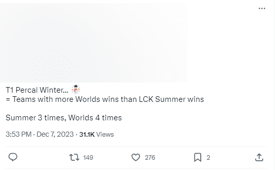 'T1 has more World Championship titles than LCK Summer. Summer 3 times, World Championship 4 times'